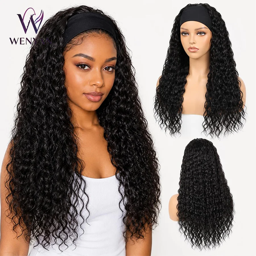 

24inch Long Deep Curly Headband Wig Black Synthetic Heat Resistant Hair Wig for Women Daily Use