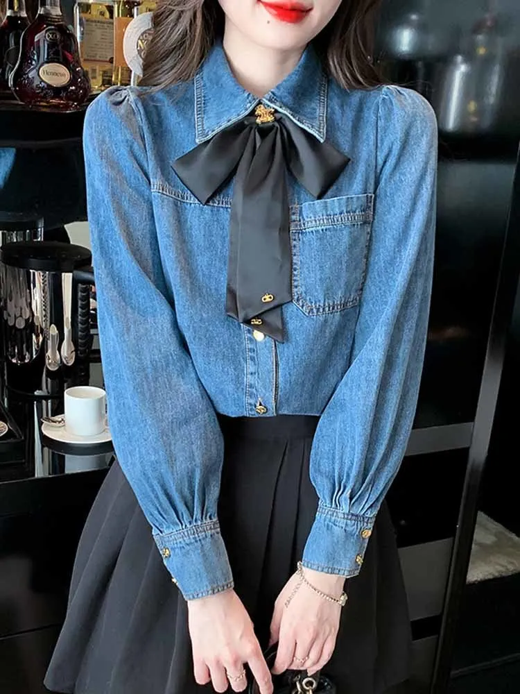 Autumn Spring Denim Women Shirts Bows Sweet Solid Korean Fashion Basics Blouses Elegant Casual Loose Blusas Mujer