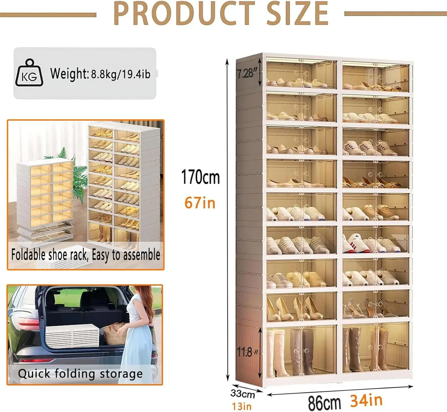 9-Layer Foldable Shoe Rack Organizer for Wardrobes on Wheels, 36-40 Pairs with Lid and Magnetic Clear Door