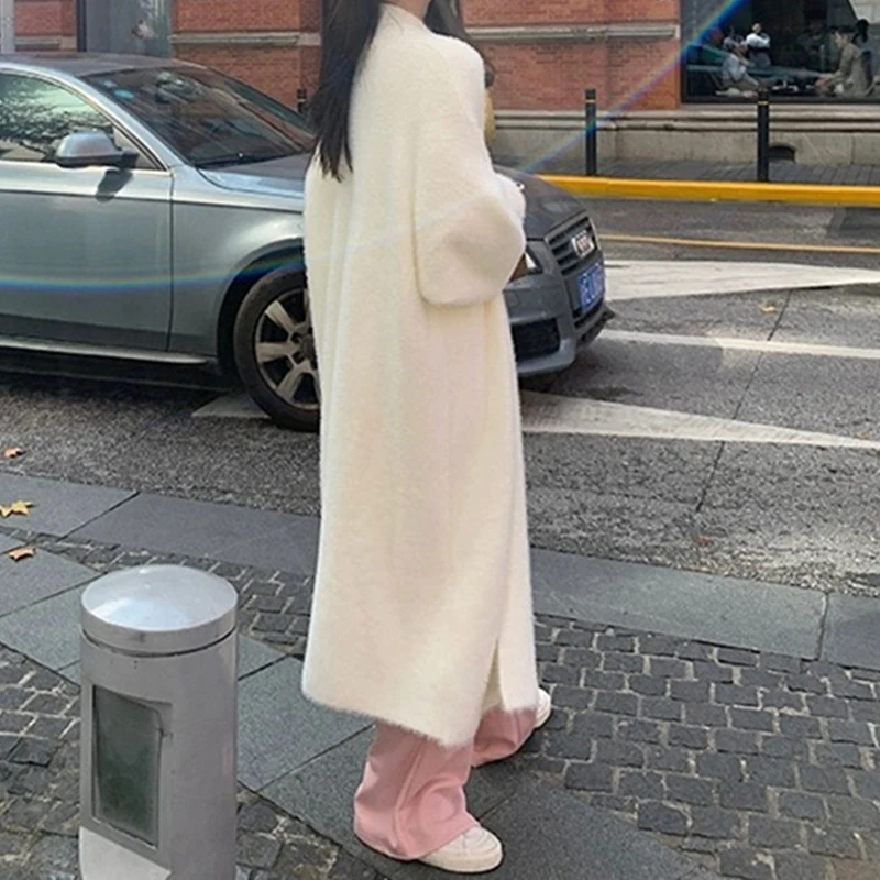 Lazy Style Pink Mink Fur Long Coat Autumn Women Cute Plush Loose Warm Outwear Winter Windproof Knitted Knee Length Sweater