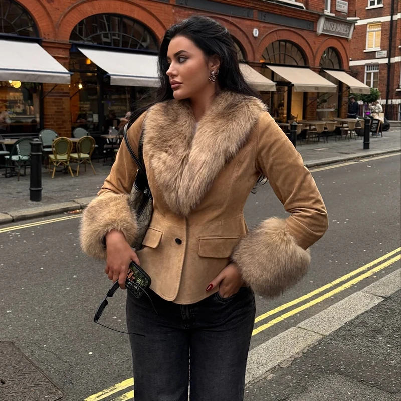 

Elegant Faux Fur Collar Women's Coat Suede Single Breasted Winter Jackets Women 2025 Autumn Chic Street Office Lady Outerwear ﻿