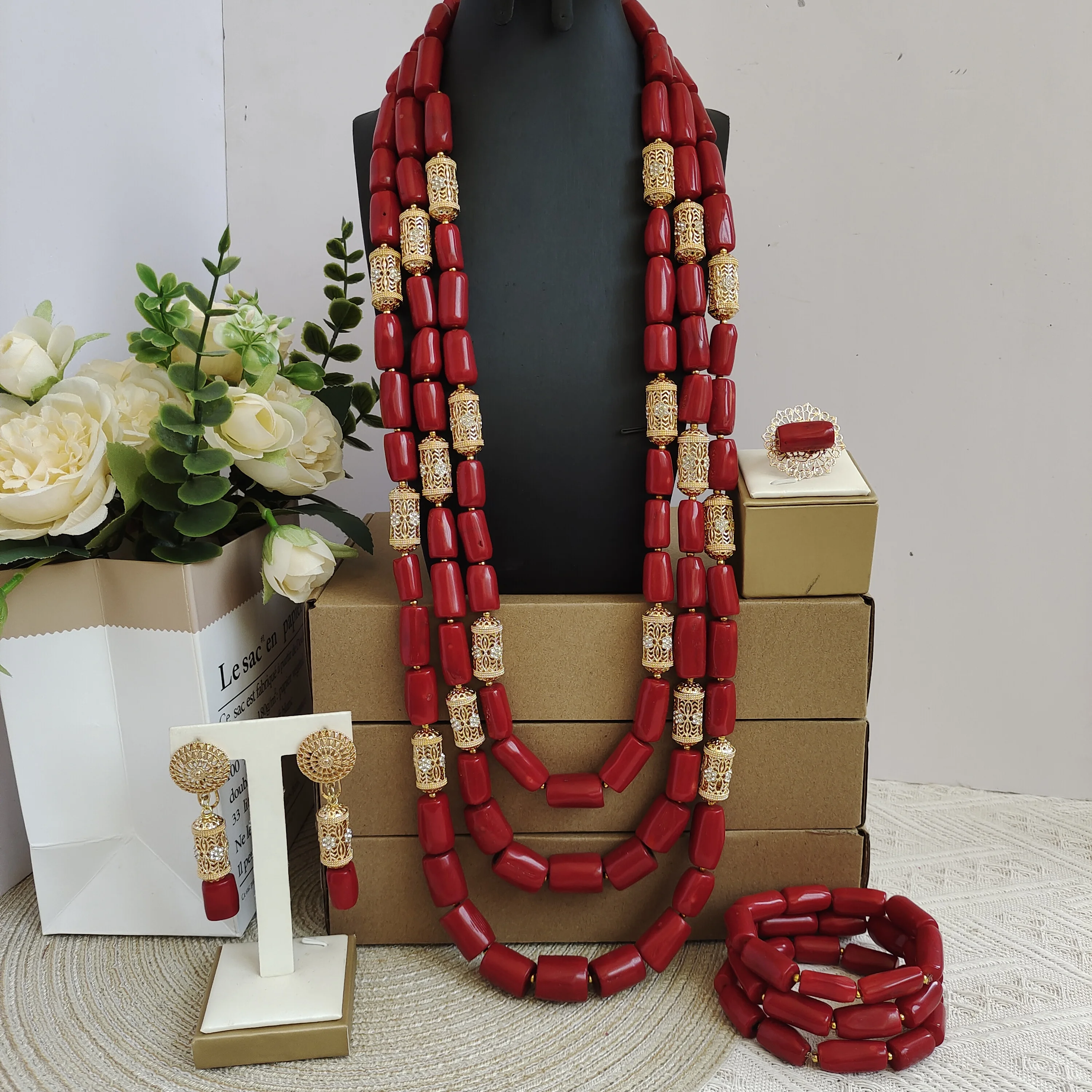Aczuv real red coral jewelry set nigeria beads for traditional marriage