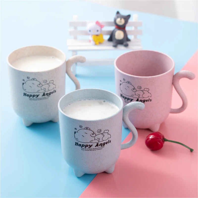 Cute Cartoon Wheat Straw Plastic Tumbler with Handle for Water, Coffee, Milk, Tea Unbreakable Reusable Drinking Cup
