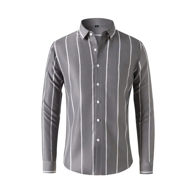 Men's Striped Dress Shirt Long Sleeve Slim Fit Formal Business Wrinkle Resistant Office Blouse Top Fashion Casual Male Clothing