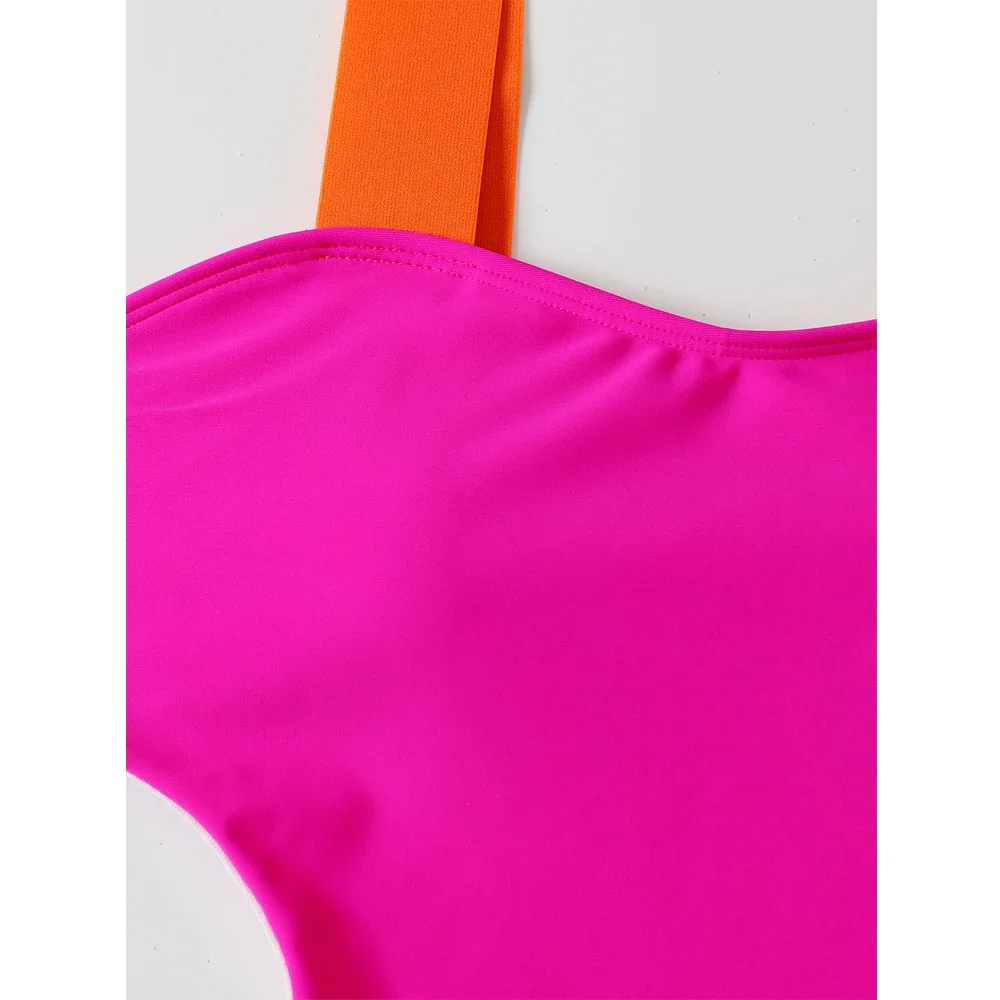 Color Block One-piece Swimsuit 2023 Women Neon Bandage Bikini High Waist Hollow Out Swimwear Rose Red Slim Backless Monokini
