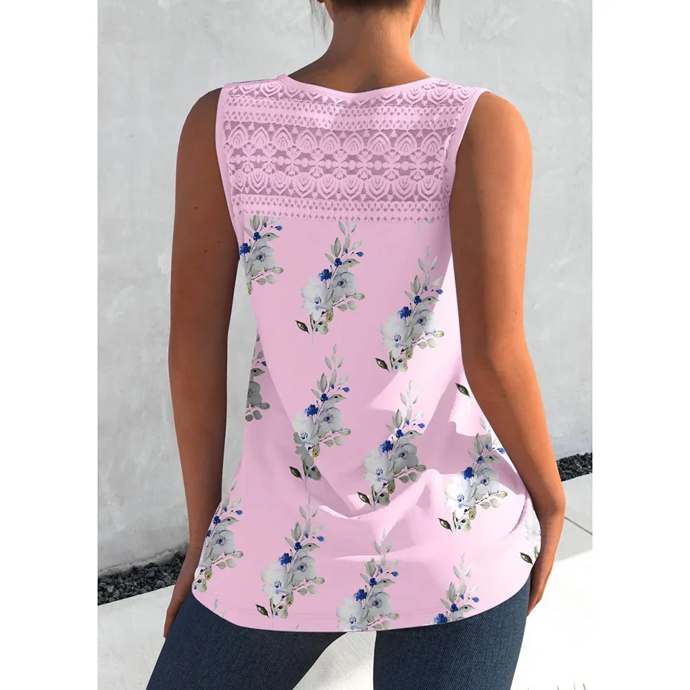 Plus Size Cross Strap Lace Stitching Floral Print Casual Tank Top