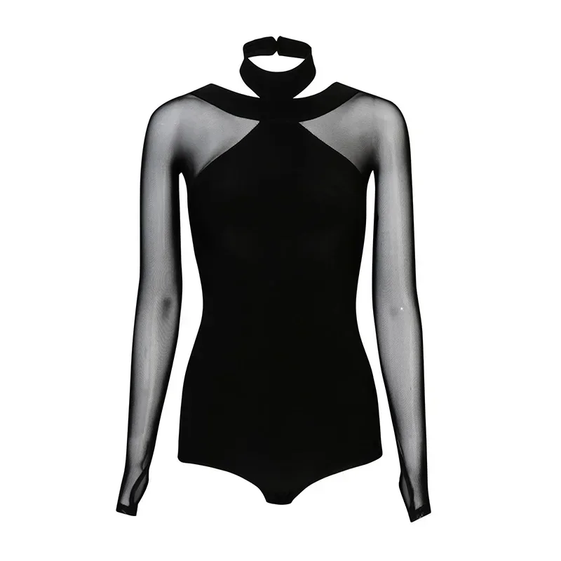 Corpiño de baile latino para mujer, mono negro con espalda descubierta, ropa interior de baile de manga larga, ropa de baile Cha-cha estándar nacional para niñas