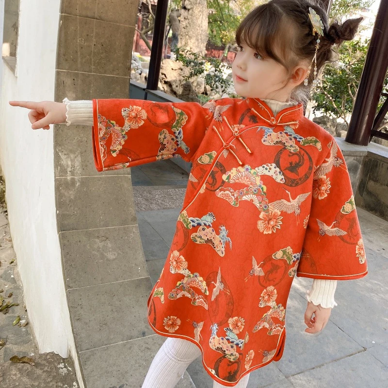 2022 New Year Kids Cheongsams Chinese Traditional Children Qipao Hanfu Geese Printed Long Sleeve China Style Girl Vintage Dress