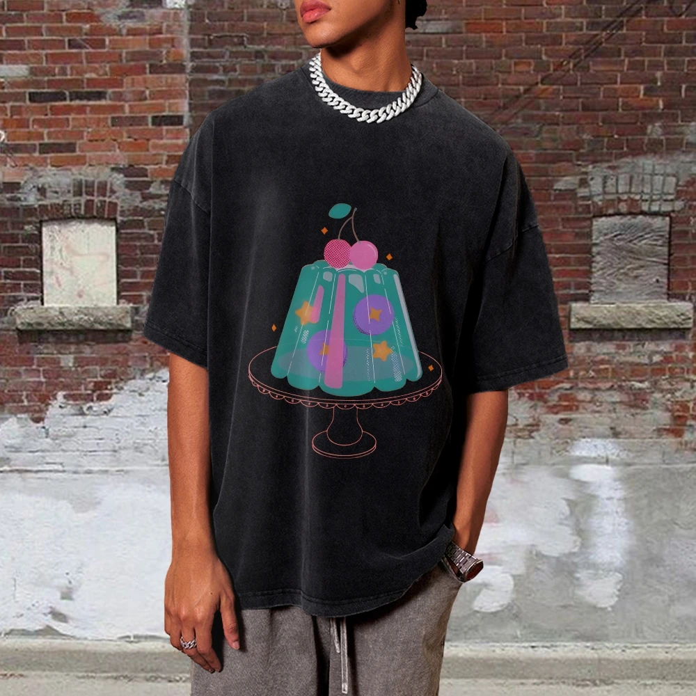 Trendy Vintage Unisex gewassen T-shirt jaren '90 Vintage Oversize Retro gewassen stijlvol T-shirt Jelly Cake T-shirt geheel van katoen van hoge kwaliteit