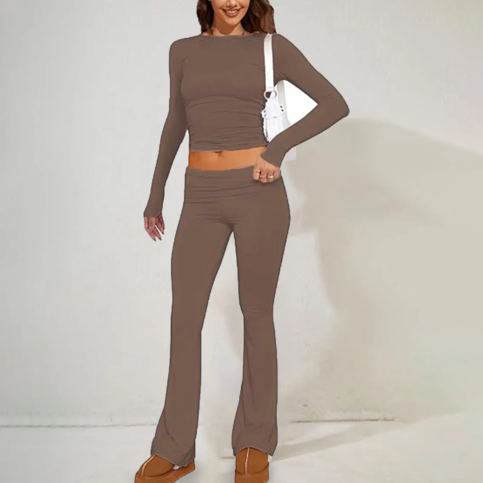 Women's Spring and Summer New Fashion Casual Solid Color Simple Two-piece Slim Long Sleeve Crewneck Top + Long Pants Suit Y2k