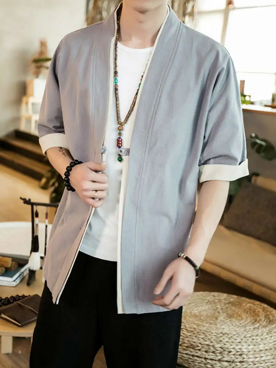 

Loose Fit Summer Jaet Men's Kimono Sle Open Cardigan Cotton Blend Dungaree Svel Outerwear for ly Spring Autumn