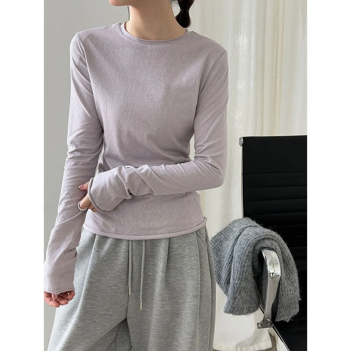 UMI MAO Korean Style Versatile Multi-Color Stretch Base Shirt For Women  Autumn New Round Neck Rolled Hem Inner Top Femme
