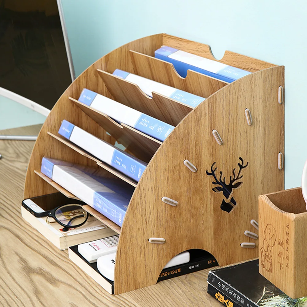 Lychee Life 1pc Creative Fan Shaped Office Desk File Data Shelf Organizer 5 Slots Wooden File Sorter Storage Rack Pape