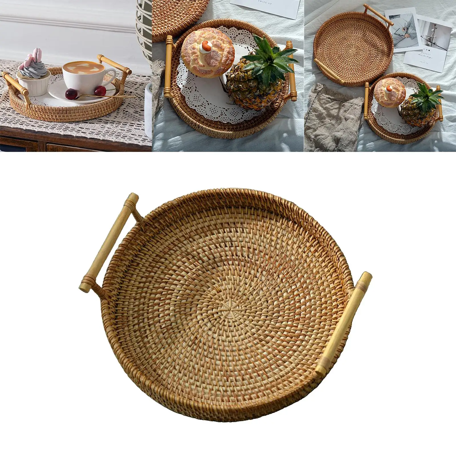Hand-Woven Basket Storage Tray with Handles Food Tea Decorative