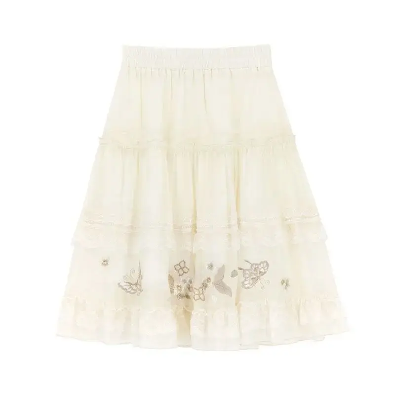 Mori menina doce bordado renda emenda saia primavera nova cintura elástica a linha saias fada versátil y2k faldas Юбка