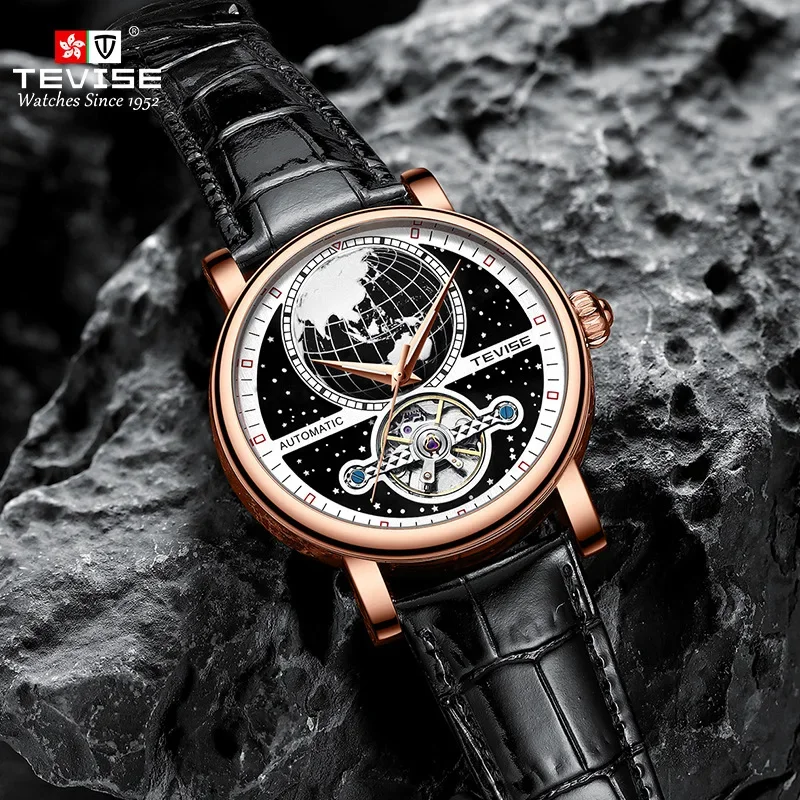 Tevise Top Brand Earth Star Man Tevise T867k Blue Luminous Luxury Automatic Men Mechanical Tourbillon Waterproof Leather Watches