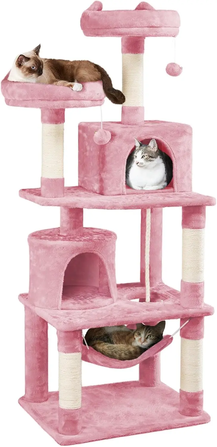

Cat Tree with Hammock & Scratching Posts, Multi-Level Cat Tower for Indoor Play, Plush Perch, Pink