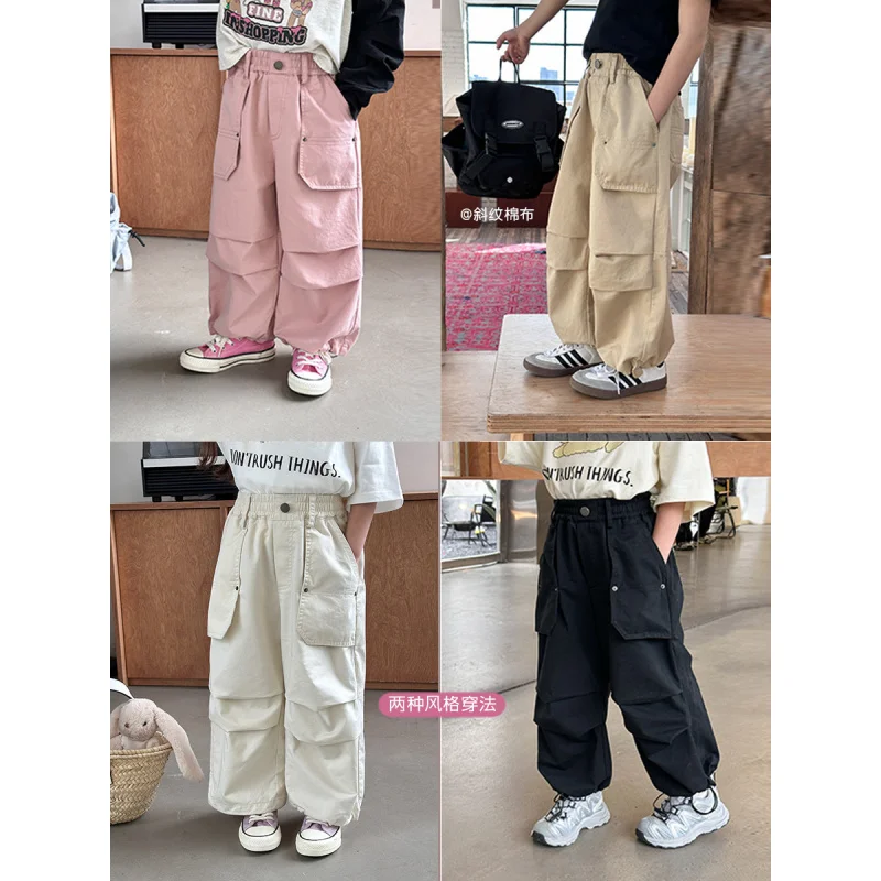 

Boys and Girls Fashionable Trousers Children's Funky Casual Pocket Pleated Overalls2024Autumn Clothing