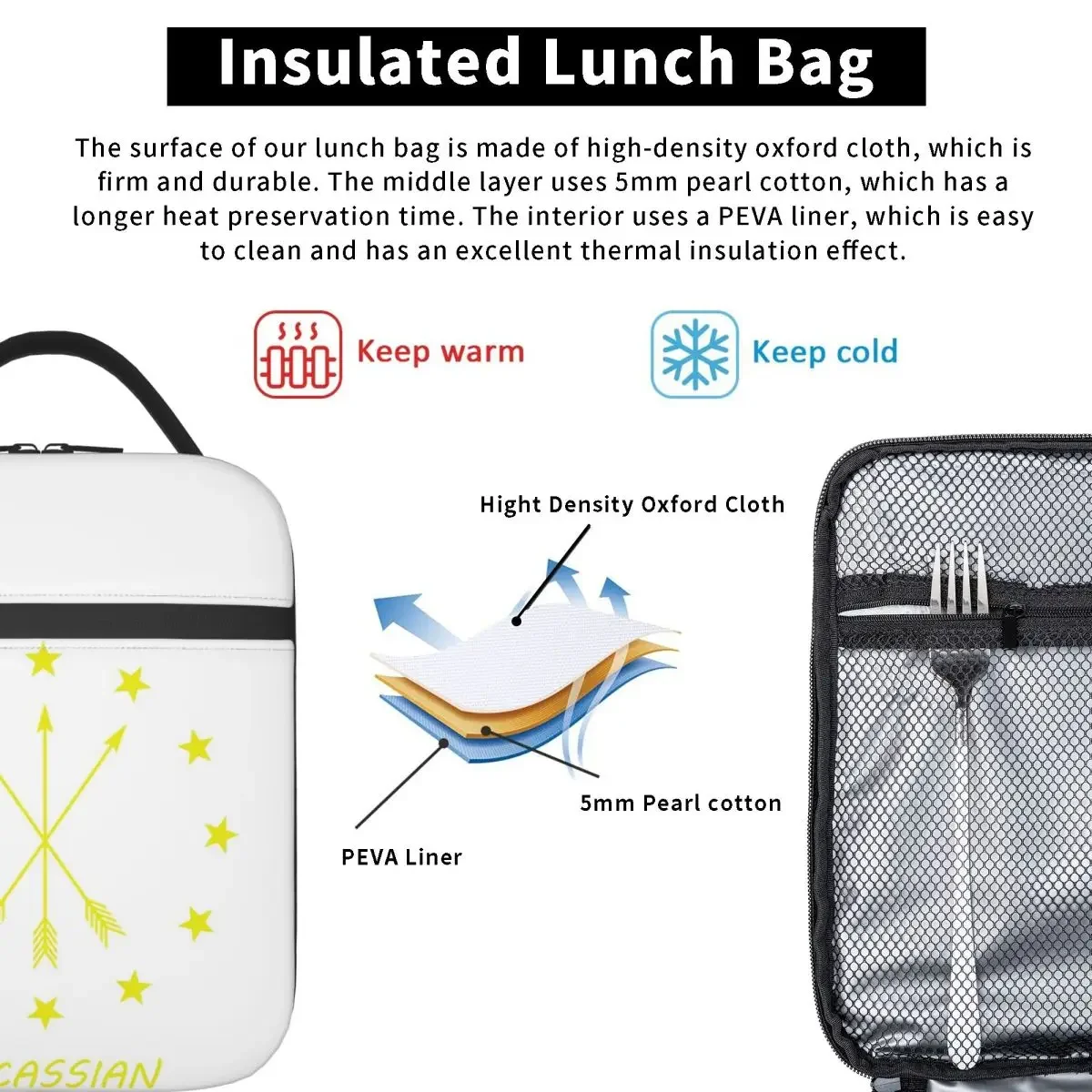 12 Stars Around 3 Arrows Adygea Flag Insulated Lunch Bag for Kids School Cooler Thermal Food Box Tote Lunch Boxes Container