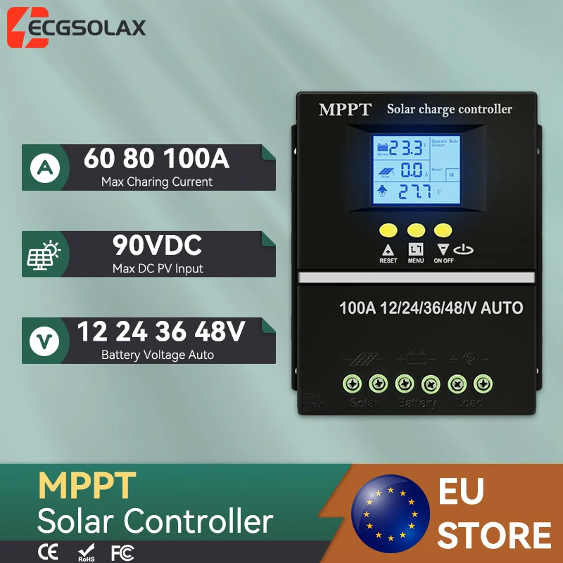 Contrôleur de charge solaire MPPT ECGSOLAX 60A 80A 100A 12V 24V 36V 48V, régulateur de charge de batterie solaire photovoltaïque automatique avec double USB