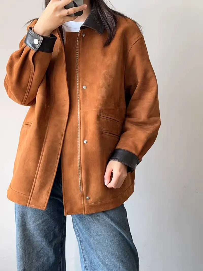 Braune Retro-Lederjacke für Damen, trendiger Kinder-Wildledermantel, Streetwear, Femini-Anzugkragen