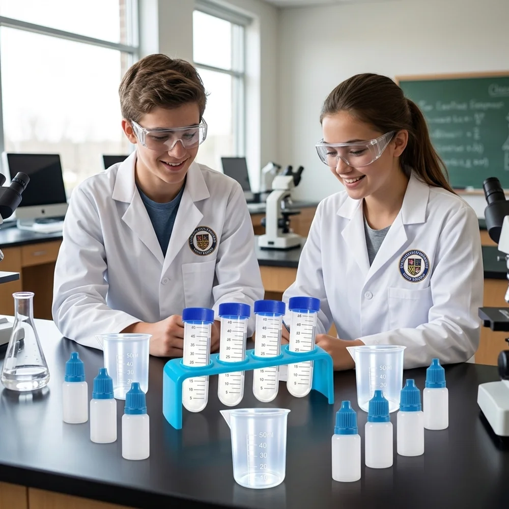 Experimental Measurement Set: Plastic Test Tubes with Scale + Test Tube Rack + 50ml Measuring Cup + Graduated Dropper + Dropper Bottle. for Manual Mixing/Scientific Experiments