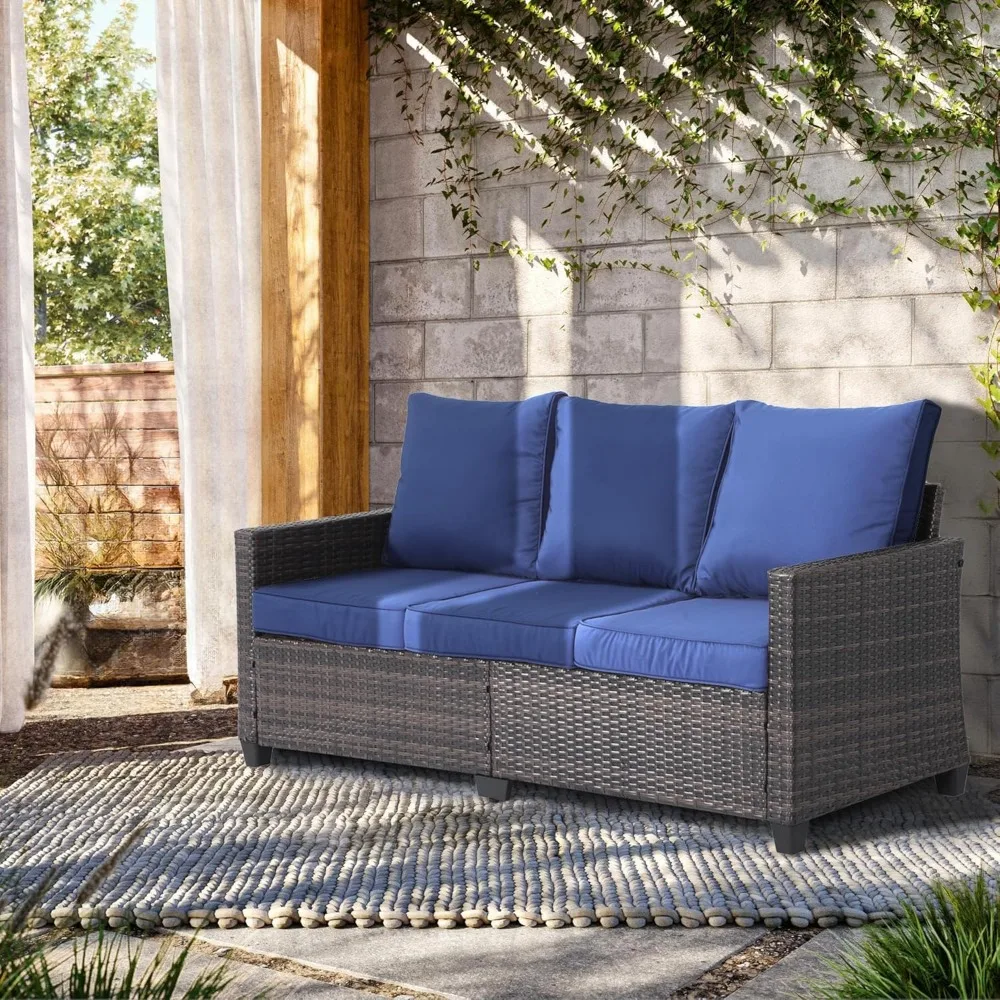 All Weather Wicker Patio Couch, 3 Seats Patio Sofa with High Curvy Back, Premium Outdoor Sofa with Brown Wicker and Thic