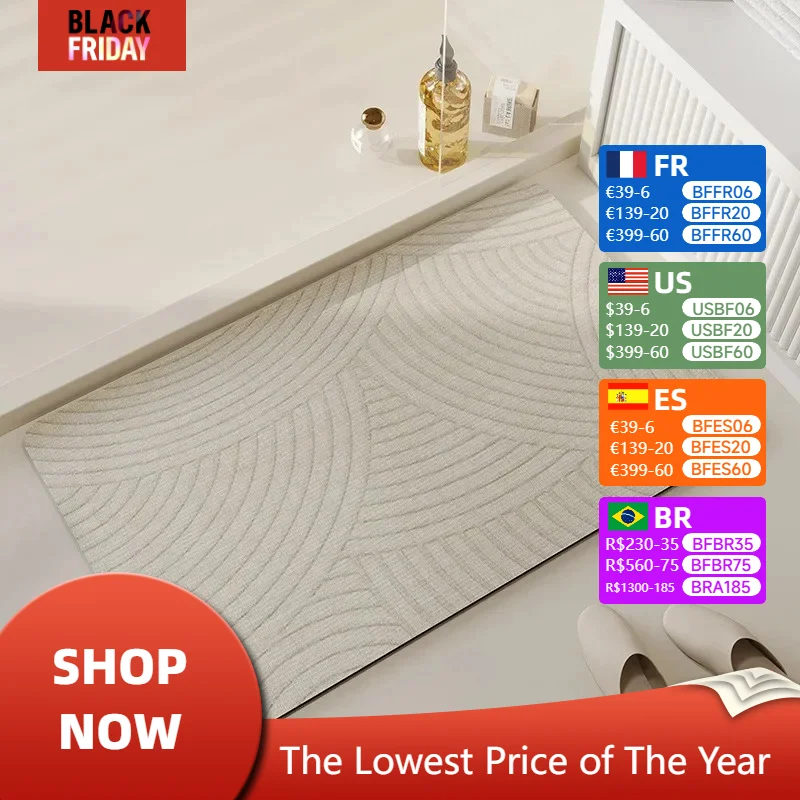 Non-slip Floor Mat for Bathroom, Diatom Mud, Striped Line Rug, Bath Foot Mats, Japanese Style