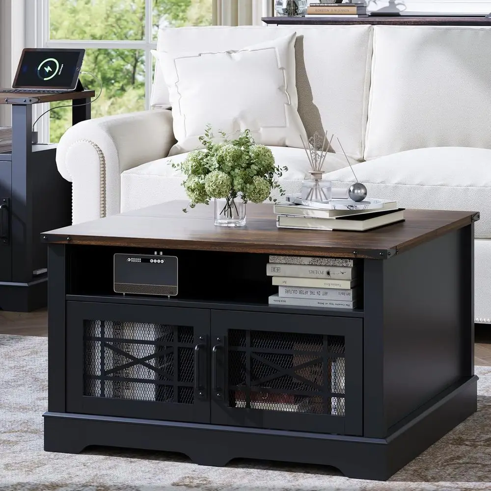 

Elegant Square Coffee Table, Living Room Wood Storage Coffee Table, Sleek Black Coffee Table with Hidden Compartment, Rustic Ill