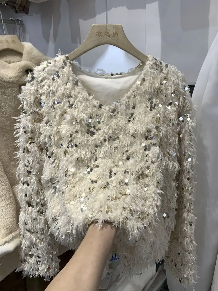 High End Sequined Feather Sweater for Women Spring Autumn and Winter New Design Sense Niche Super Beautiful Little Shirt Top