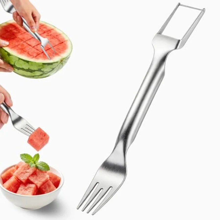 Watermelon Fork Slicer Cutter, 2-in-1 Stainless Steel Watermelon Slicer Fruit Fork, Summer Kitchen Gadget for BBQ Parties, Camp