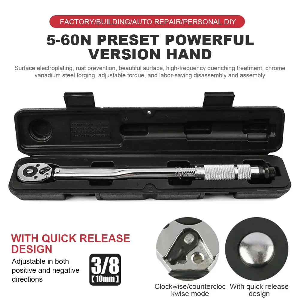 

5-60N.m Torque Wrench 3/8 inch Square Drive Spanner Hand Tool Adjustable Torques Key Micrometer Car Motorbike Disassembly Tool