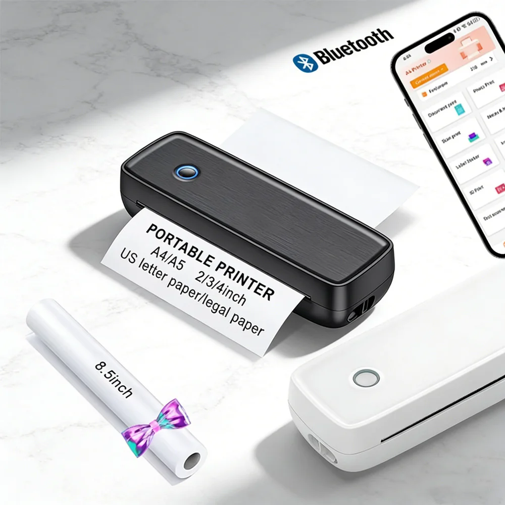 

Портативный термопринтер: беспроводной бесчернильный дорожный принтер поддерживает американские письма размером 8,5 x 11 дюймов, право, бумага формата A4 и A5