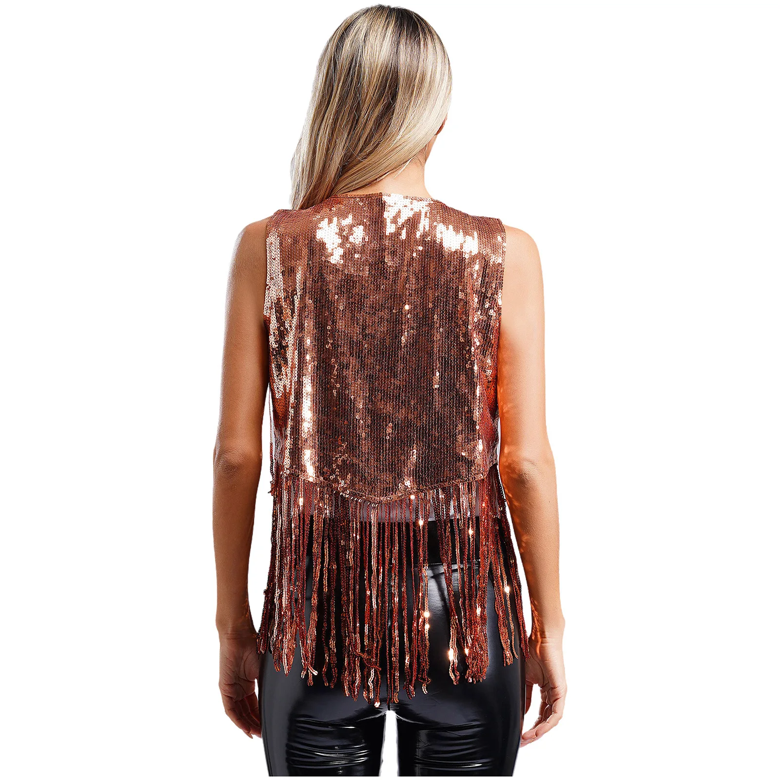 Women Sequin Fringe Vest Open Front Rivets Tassel Sleeveless Vest Coat 70s Disco Club Party Wear Female Waistcoat Jacket Outwear