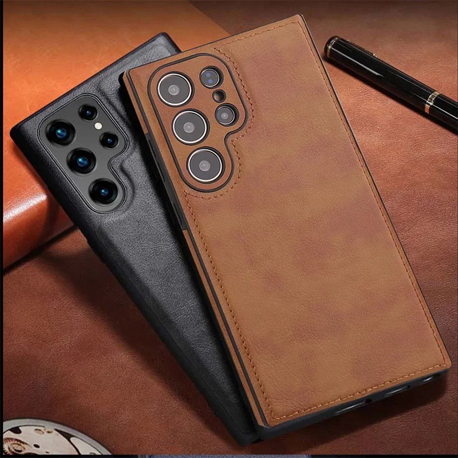 Luxury Vintage PU Leather Case for Samsung S25 Ultra S24 Plus S23 S22 S24Ultra Slim Camera Shockproof Soft Bumper Back Cover image 2