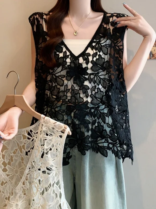 تفريغ الدانتيل هوك تصميم المرأة تانك القمم الصيف فضفاضة حجم كبير طبقات غير النظامية Svel V-Ne تنفس رقيقة