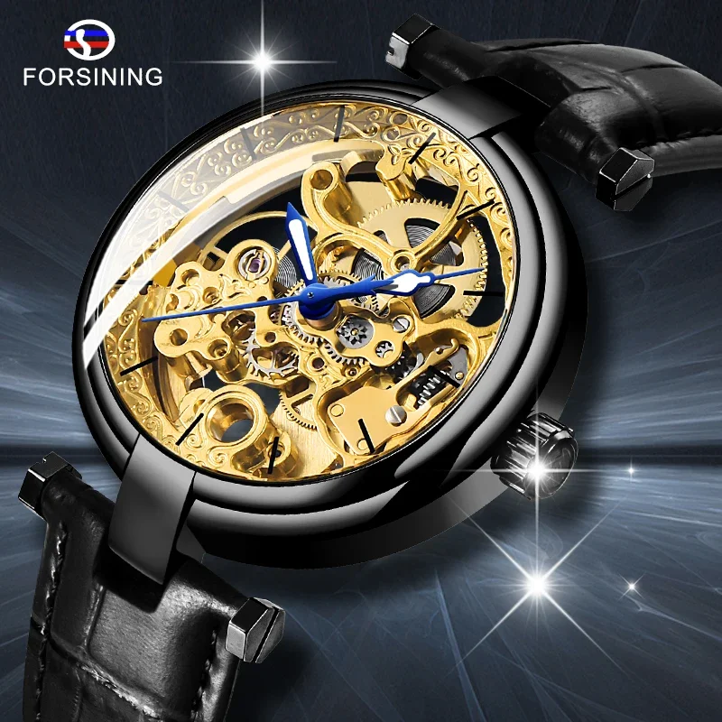 Forsining Top Brand Gold Skeleton Business Black Blue Pointer Genuine Leather Belt Automatic For Men Transparent Wrist Watch