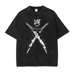 Anime Uzui Tengen T Shirts Vintage Washed Demon Slayer T-shirt Oversized Streetwear Short Sleeve Kimetsu No Yaiba Tops Tees Men