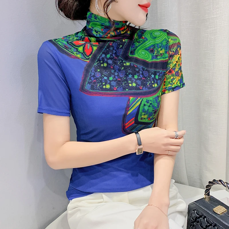 2022 Spring Print Tees Women Turtleneck Soft Short Sleeve T Shirts Lady Mesh Elegant Stretchy Tops Tees Female T-Shirt