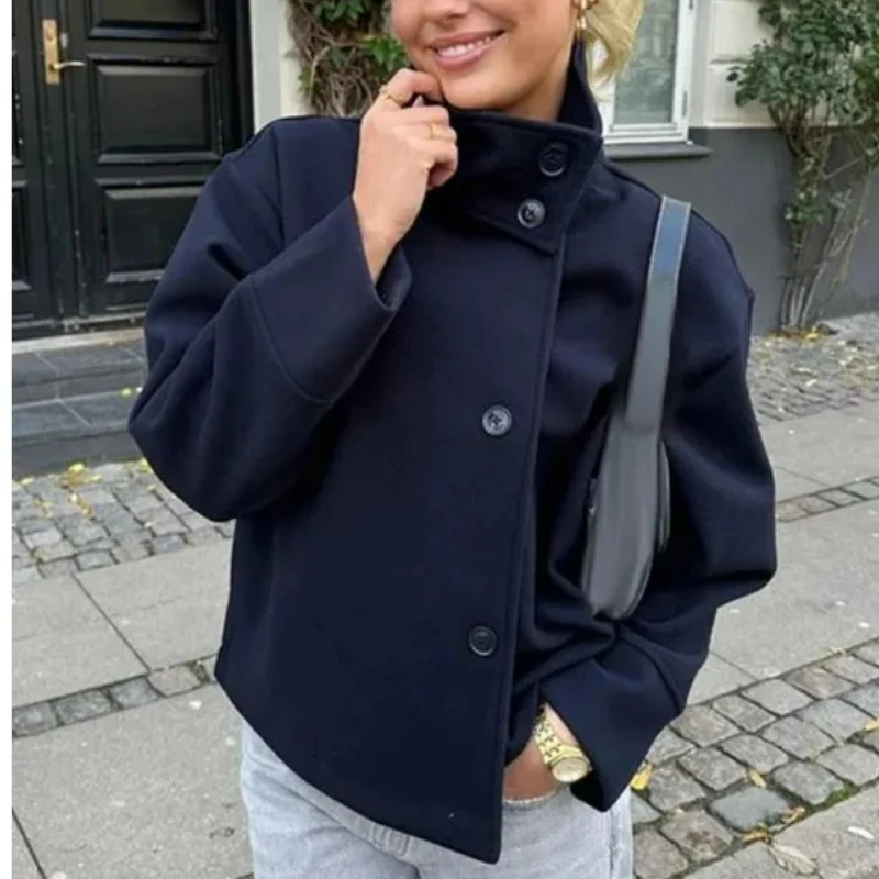 

Женские зимние шерстяные пальто с воротником-стойкой, осенние однобортные свободные женские куртки с длинными рукавами, офисные женские уличные короткие пальто