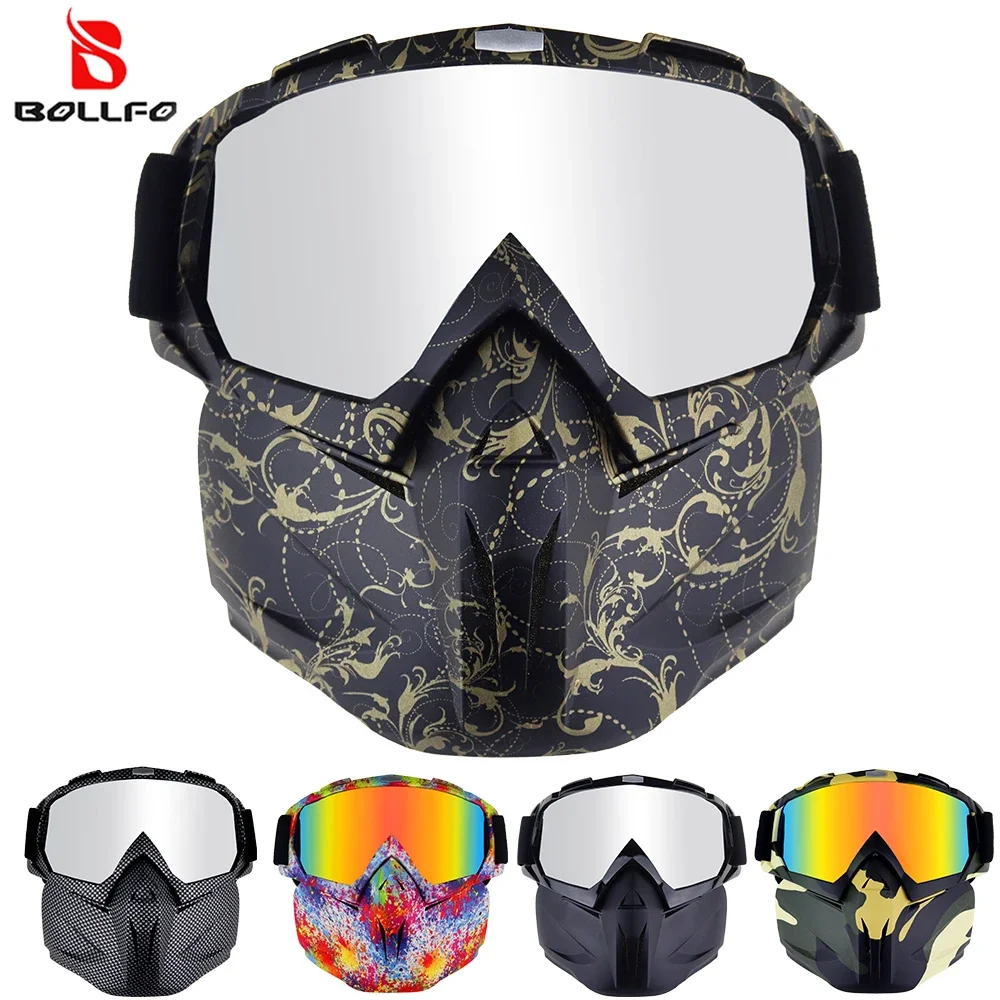 

BOLLFO Removable Face Mask Motorcycle Goggles UV400 Protection Dual Ventilation Anti-Fog Windshields Classic Motocross Eyewear