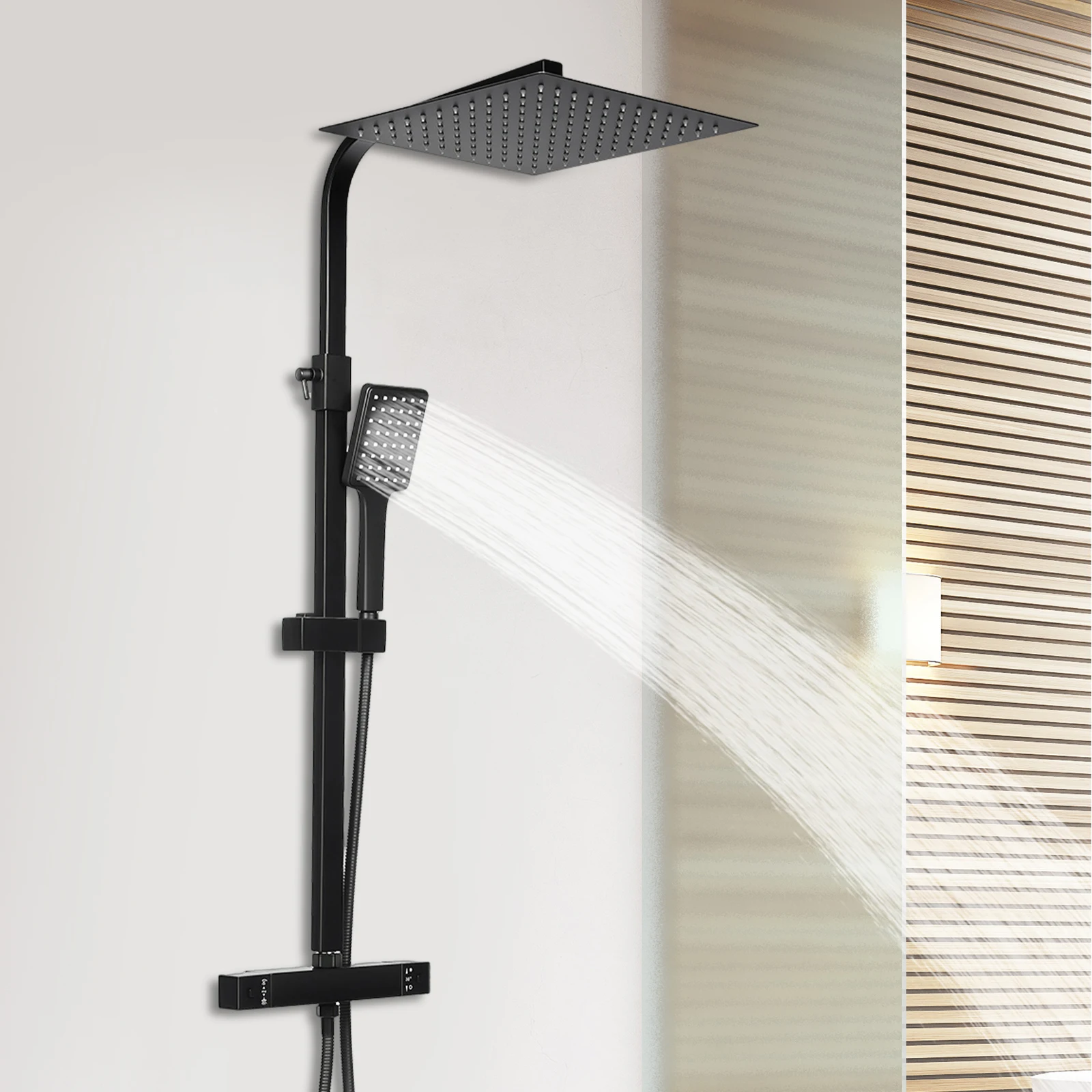 12'' Elegant Square Shower Set Bathroom Thermostatic Mixer Rain & Hand Shower Kit Black Home