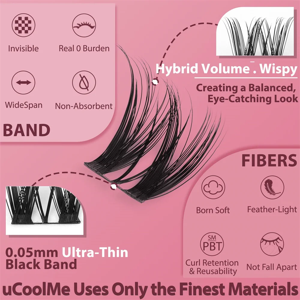 uCoolMe Flora Eyelashes Extension Ultra Thin Band D Curl Natural Wide Span Wispy Lash Clusters False Lashes Bundles Makeup Tools