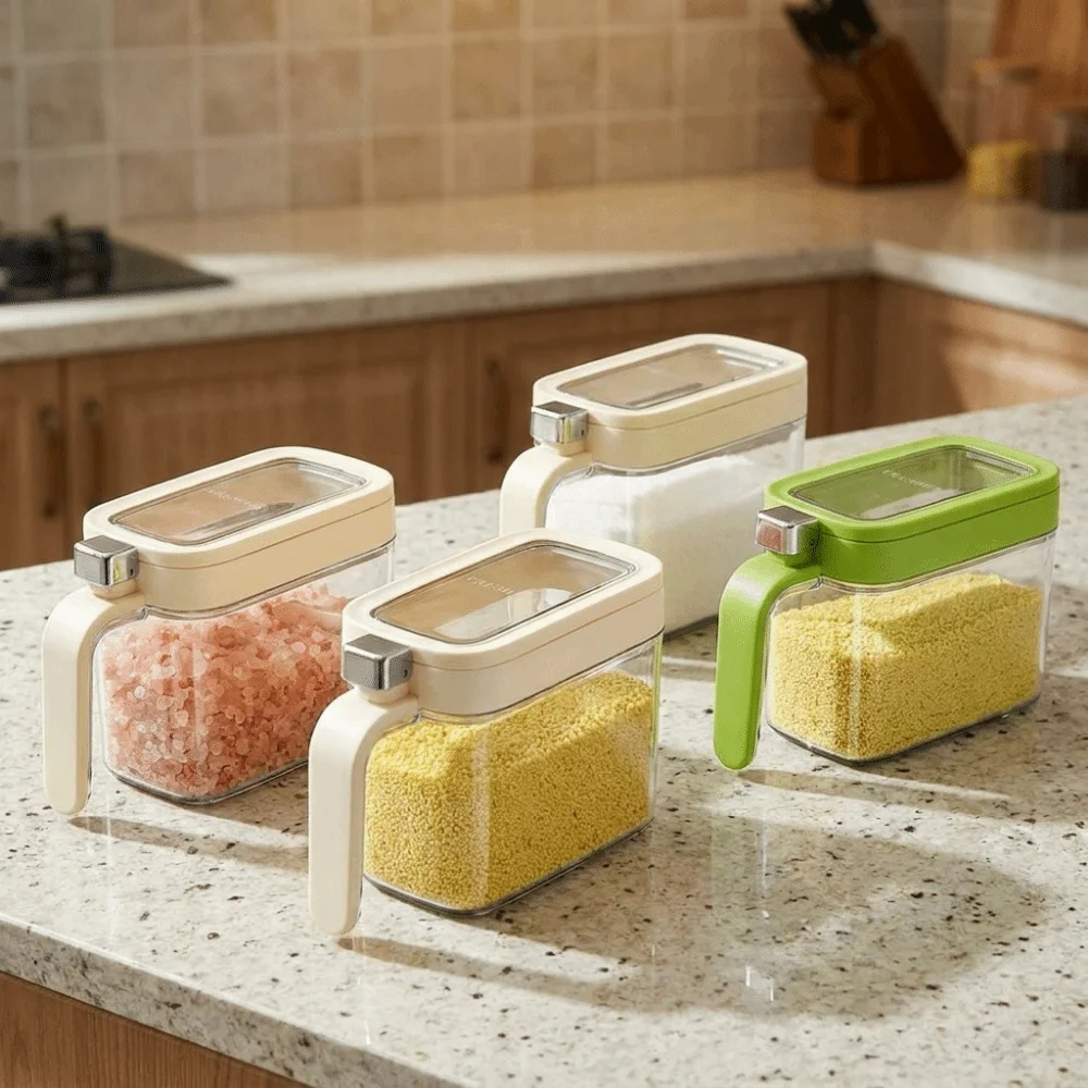 Practical 600ML Pop-Top Seasoning Box Sealed Plastic Seasoning Bottle Large Capacity with Spoon Salt Storage Container Kitchen