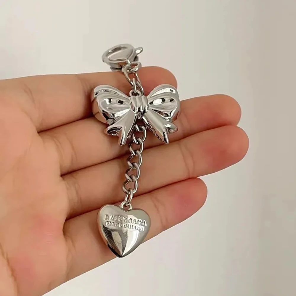 Y2K Silver Color Stacking Heart Bow Keychain Vintage Metal Bowknot Keyring Fashion Bag Pendant Backpack Hanging Accessories Gift