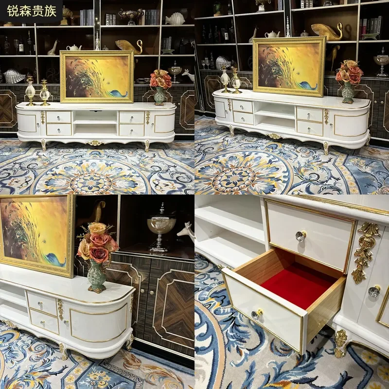 For French Solid Wood TV Cabinet European Court Style Living Room Engraved Storage Drawers Display Locker Furniture
