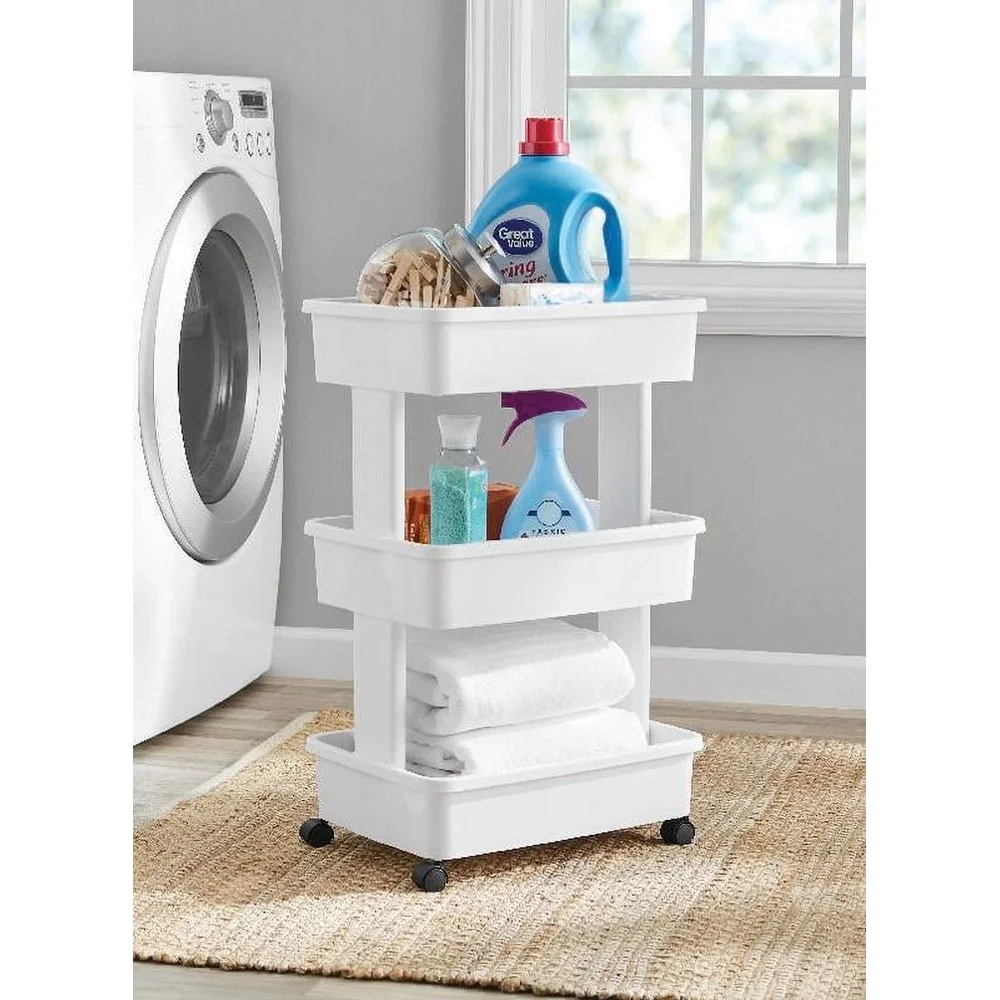 3-Tier Rolling Laundry Cart Lightweight Plastic Storage Organizer with Smooth Rolling Wheels Home Office Use
