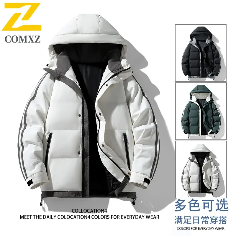 

COMXZ 2025 Autumn Winter Plus Size Mens Two Stripe Cotton Jacket M 8XL Hooded Thick Puffer Coat Casual outdoor sports Outwear