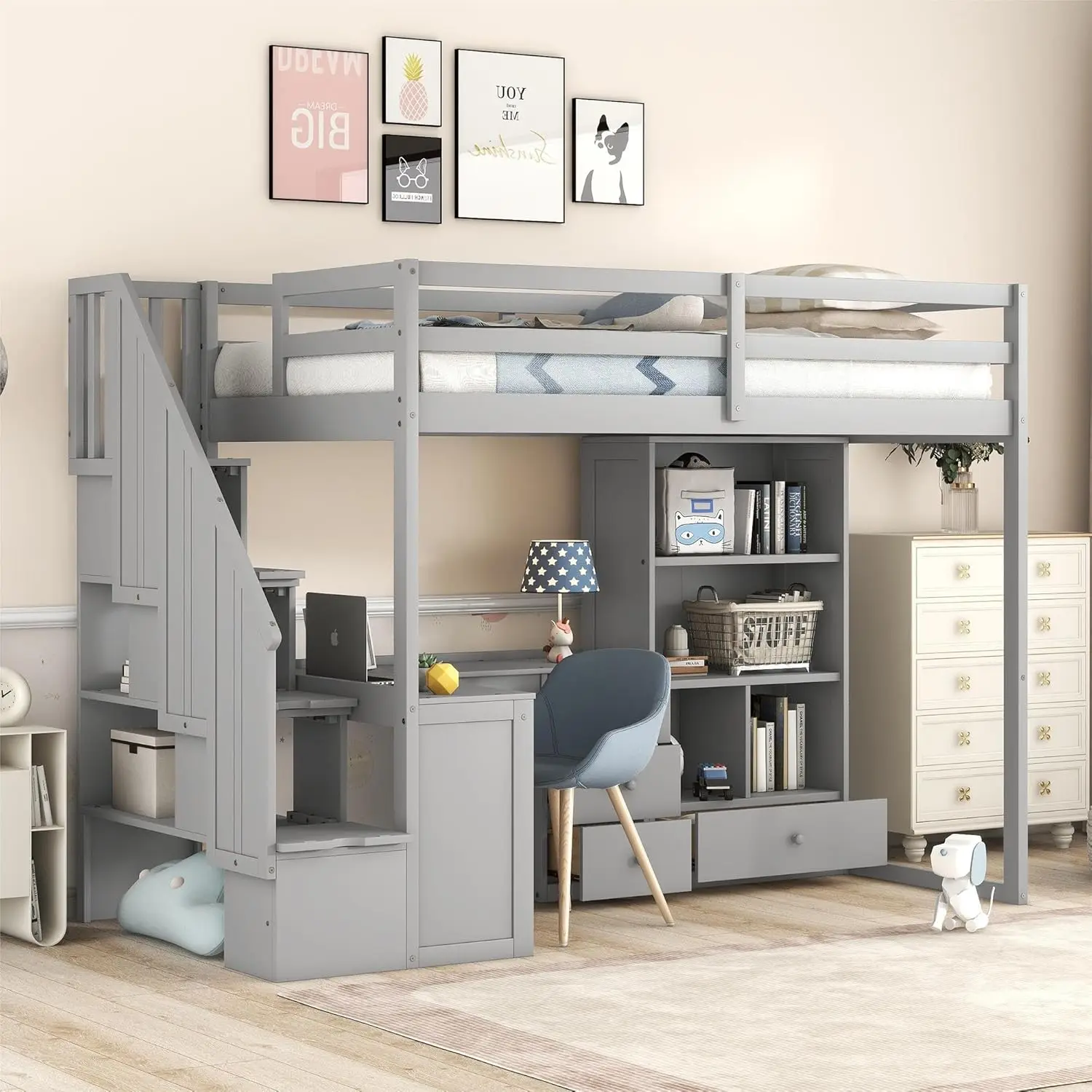 Twin Loft Bed with Stairs and L-Shaped Desk, Wood Loft Bed with Storage Staircase, Twin Size Loft Bed with Bookcase