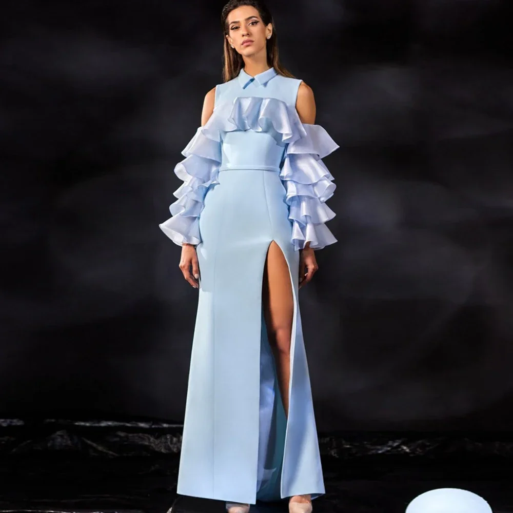 

High-neck Long Sleeve Ruffled Chiffon Straight Matte Satin Women Clothing Floor Length Light Blue Evening Dresses With Slit